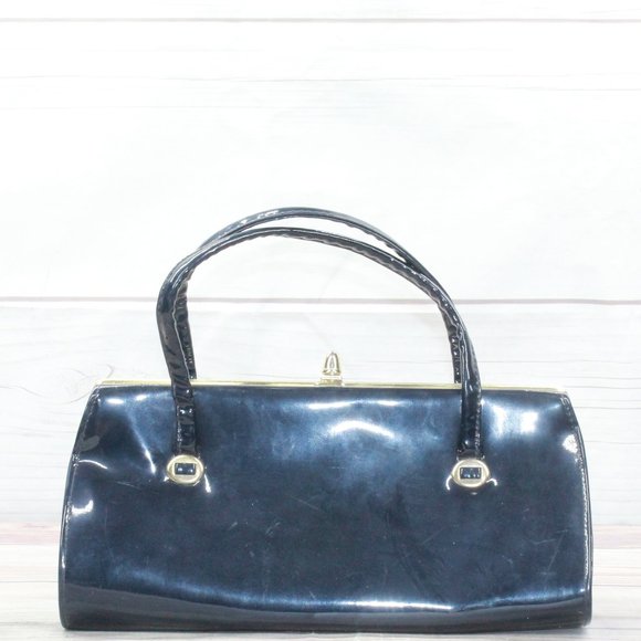 *Vintage Womens Navy Leather Clutch Purse Handbag with Matching Gloves - Picture 2 of 8